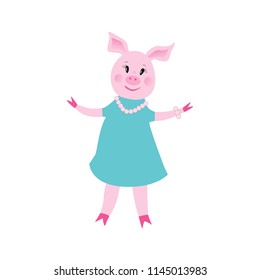 Hand drawn vector illustration of a cute funny piggy girl in a blue dress. Isolated objects.Vector illustration of Cute pig cartoon posing. miss/woman pig flat design. Concept for children print.