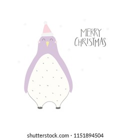 Hand drawn vector illustration of a cute funny penguin in a Santa hat, with lettering quote Merry Christmas. Isolated objects on white background. Flat style design. Concept for Christmas card, invite