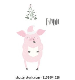 Hand drawn vector illustration of a cute funny pig in a Santa hat, singing, with lettering quote Falalala. Isolated objects on white background. Flat style design. Concept for Christmas card, invite.