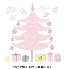 Hand drawn vector illustration of a cute decorated Christmas tree, with quotes Merry Christmas in different languages. Isolated objects on white background. Flat style design. Concept for card, invite