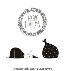 Hand drawn vector illustration of a cute funny Santa Claus sleeping, with sack, lettering quote Happy holidays. Isolated objects on white background. Flat style design. Concept Christmas card, invite