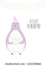 Hand drawn vector illustration of a cute funny singing penguin, with quote Feliz Navidad, Merry Christmas in Spanish. Isolated objects on white background. Flat style design. Concept for card, invite.