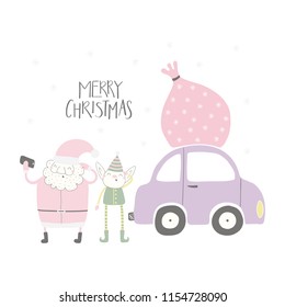 Hand drawn vector illustration of a cute funny Santa Claus, elf taking selfie, with car, sack, quote Merry Christmas. Isolated objects on white background. Flat style design. Concept for card, invite.