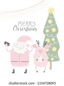 Hand drawn vector illustration of a cute funny Santa Claus, pig taking selfie, with quote Merry Christmas. Isolated objects on white background. Flat style design. Concept for Christmas card, invite.