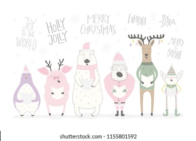 Hand drawn vector illustration of a cute funny singing Santa, elf, animals, with different Christmas quotes. Isolated objects on white background. Flat style design. Concept Christmas card, invite.