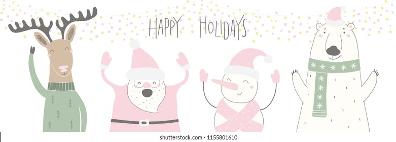 Hand drawn vector illustration of a cute funny Santa, deer, polar bear, snowman, with quote Happy holidays. Isolated objects on white background. Flat style design. Concept for Christmas card, invite.