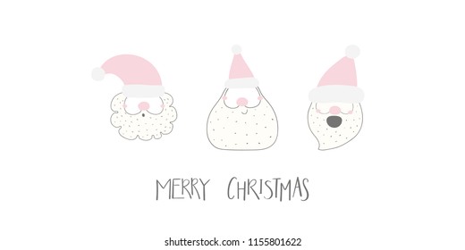Hand drawn vector illustration of a cute funny different Santa faces, with lettering quote Merry Christmas. Isolated objects on white background. Flat style design. Concept for Christmas card, invite.