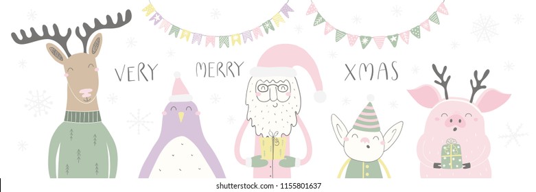 Hand drawn vector illustration of a cute funny Santa, deer, penguin, elf, pig, with quote Very Merry Xmas. Isolated objects on white background. Flat style design. Concept for Christmas card, invite.