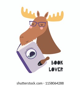 Hand drawn vector illustration of a cute funny moose reading a book, with quote Book lover. Isolated objects on white background. Scandinavian style flat design. Concept for children print.