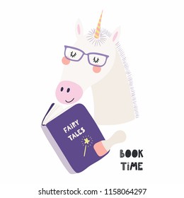 Hand drawn vector illustration of a cute funny unicorn reading a book, with quote Book time. Isolated objects on white background. Scandinavian style flat design. Concept for children print.