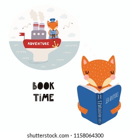 Hand drawn vector illustration of a cute funny fox reading a book, with quote Book time. Isolated objects on white background. Scandinavian style flat design. Concept for children print.