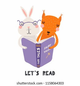 Hand drawn vector illustration of a cute funny bunny and squirrel reading a book, with quote Lets read. Isolated objects on white background. Scandinavian style flat design. Concept for children print