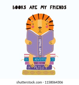 Hand drawn vector illustration of a cute funny lion reading a book, with quote Books are my friends. Isolated objects on white background. Scandinavian style flat design. Concept for children print.