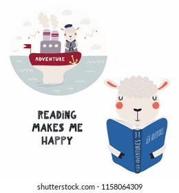 Hand drawn vector illustration of a cute funny sheep reading a book, with quote Reading makes me happy. Isolated objects on white background. Scandinavian style flat design. Concept for children print