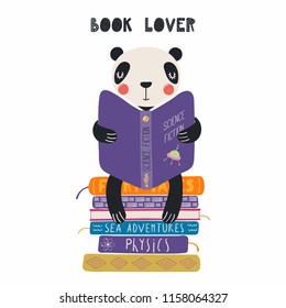 Hand drawn vector illustration of a cute funny panda reading a book, with quote Book lover. Isolated objects on white background. Scandinavian style flat design. Concept for children print.