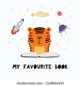 Hand drawn vector illustration of a cute funny tiger reading a book, with quote My favourite book. Isolated objects on white background. Scandinavian style flat design. Concept for children print.