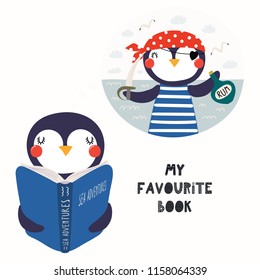 Hand drawn vector illustration of a cute funny penguin reading a book, with quote My favourite book. Isolated objects on white background. Scandinavian style flat design. Concept for children print.