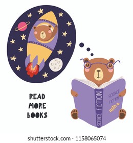 Hand drawn vector illustration of a cute funny bear reading a book, with quote Read more books. Isolated objects on white background. Scandinavian style flat design. Concept for children print.