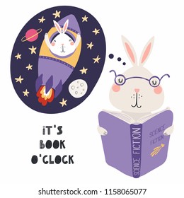 Hand drawn vector illustration of a cute funny bunny reading a book, with quote Its book oclock. Isolated objects on white background. Scandinavian style flat design. Concept for children print.