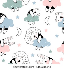 Hand drawn vector illustration cute cartoon Scandinavian style pastel color seamless pattern animal sleeping on the cloud on white background for baby textile, apparel, linen texture or decoration