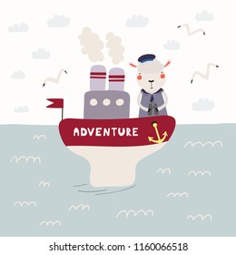 Hand drawn vector illustration of a cute funny sheep sailor on a steamboat. Childish ocean landscape with seagulls, clouds, waves. Scandinavian style flat design. Concept for children print.