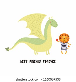 Hand drawn vector illustration of a cute funny dragon and lion, with lettering quote Best friends forever. Isolated objects on white background. Scandinavian style flat design. Concept children print.