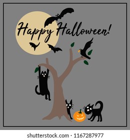 Hand drawn vector illustration cute cartoon post card Happy Halloween with black cat, bat, moon, pumpkin and raven