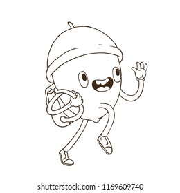 Hand Drawn Vector Illustration. Cute Cartoon Character. A happy acorn with a backpack rushes to school. Coloring Book Page