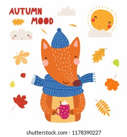 Hand drawn vector illustration of a cute fox in muffler, hat, with cup, falling leaves, quote Autumn mood. Isolated objects on white. Scandinavian style flat design. Concept for children print.