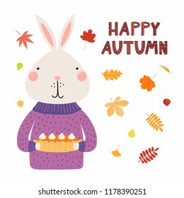 Hand drawn vector illustration of a cute bunny in sweater, with pumpkin pie, falling leaves, quote Happy autumn. Isolated objects on white. Scandinavian style flat design. Concept for children print.