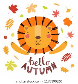 Hand drawn vector illustration of a cute lion, with colorful falling leaves, quote Hello autumn. Isolated objects on white. Scandinavian style flat design. Concept for children print.
