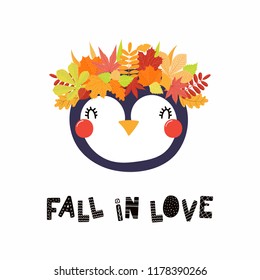 Hand drawn vector illustration of a cute penguin in a crown of autumn leaves, with quote Fall in love. Isolated objects on white. Scandinavian style flat design. Concept for children print.
