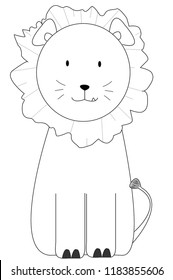 Hand drawn vector illustration of a cute funny lion. Isolated objects. Black and  flat design. Concept for children print.