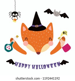 Hand drawn vector illustration of a cute funny fox in a witch costume, with spider, bat, text Happy Halloween. Isolated objects on white. Scandinavian style flat design. Concept for children print.
