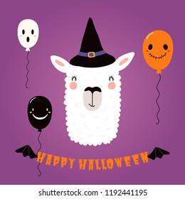 Hand drawn vector illustration of a cute funny llama in a witch hat, with balloons, text Happy Halloween. Isolated objects. Scandinavian style flat design. Concept for children print, party invitation