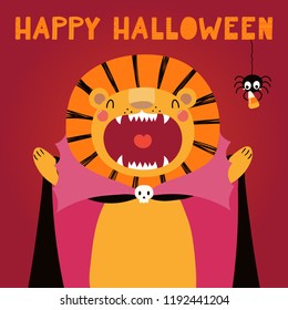 Hand drawn vector illustration of a cute funny lion in a vampire costume, with text Happy Halloween. Isolated objects. Scandinavian style flat design. Concept for children print, party invitation.