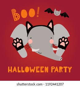 Hand drawn vector illustration of a cute funny elephant in a black cat costume, with text Halloween party. Isolated objects. Scandinavian style flat design. Concept children print, party invitation.