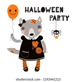 Hand drawn vector illustration of a cute funny wolf in a creepy doll costume, with text Halloween party. Isolated objects on white. Scandinavian style flat design. Concept for children print.