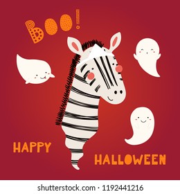 Hand drawn vector illustration of a cute funnny zebra Japanese ghost, with text Happy Halloween. Isolated objects. Scandinavian style flat design. Concept for children print, party invitation.