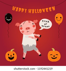 Hand drawn vector illustration of a cute funny pig in a zombie costume, with text Happy Halloween. Isolated objects. Scandinavian style flat design. Concept for children print, party invitation.