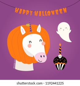 Hand drawn vector illustration of a cute funny unicorn in a pumpkin hat, with ghost, text Happy Halloween. Isolated objects. Scandinavian style flat design. Concept children print, party invitation.