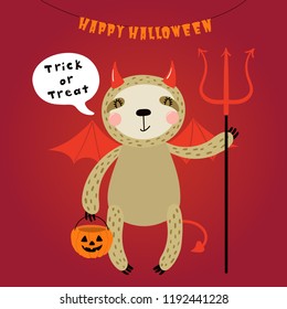 Hand drawn vector illustration of a cute funny sloth in a devil costume, with text Happy Halloween. Isolated objects. Scandinavian style flat design. Concept for children print, party invitation.