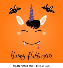Hand drawn vector illustration of a cute funny vampire unicorn face decoration, with lettering quote Happy Halloween. Isolated objects on white background. Flat style design. Concept children print.