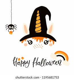 Hand drawn vector illustration of a cute funny witch unicorn face decoration, with lettering quote Happy Halloween. Isolated objects on white background. Flat style design. Concept for children print.