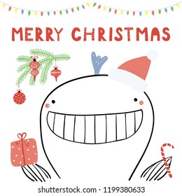 Hand drawn vector illustration of a cute funny whale in a Santa Claus hat, with tree branch, text Merry Christmas. Isolated objects on white background. Line drawing. Design concept for card, invite.