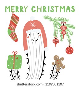 Hand drawn vector illustration of a cute funny cactus in a warm hat, with stocking, gingerbread, text Merry Christmas. Isolated objects on white background. Line drawing. Design concept card, invite.