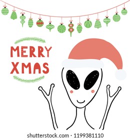 Hand drawn vector illustration of a cute funny alien in a Santa Claus hat, with text Merry Xmas. Isolated objects on white background. Line drawing. Design concept for Christmas card, invite.