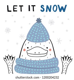 Hand drawn vector illustration of a cute funny platypus in a knitted hat, scarf, with text Let it snow. Isolated objects on white background. Line drawing. Design concept for Christmas card, invite.