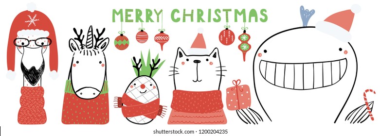 Hand drawn vector illustration of a cute funny flamingo, unicorn, pineapple, cat, whale, text Merry Christmas. Isolated objects on white. Line drawing. Design concept for Christmas card, invite.