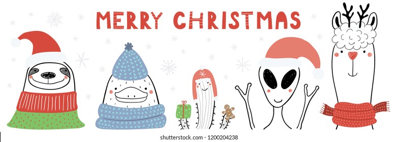 Hand drawn vector illustration of a cute funny sloth, platypus, cactus, alien, llama, text Merry Christmas. Isolated objects on white background. Line drawing. Design concept Christmas card, invite.